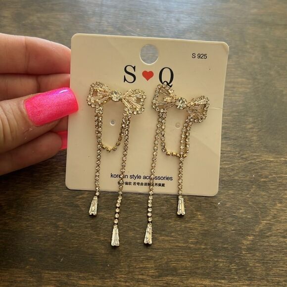 925 Silver Bow Retro Tassels Simulated Diamond Long Earrings Hypoallergenic - Picture 7 of 7